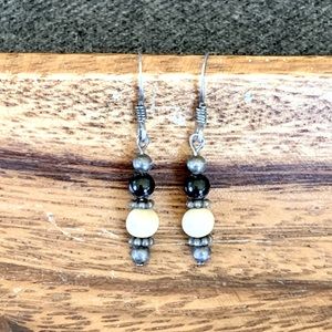Vintage Sterling Silver, Onyx, and Bone Earrings